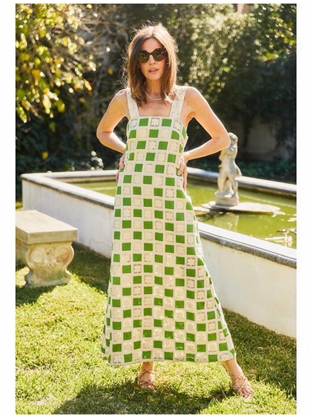 BURU Green and Cream Checkered Maxi Dress with Square Neck